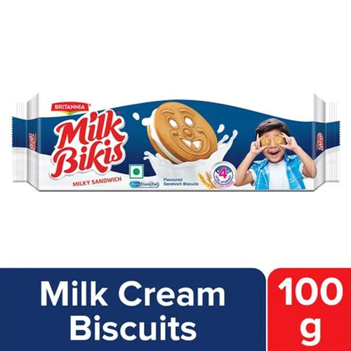 Britannia Milk Bikis - Milk Cream Biscuits, Essential Nutrients, Teatime Snack, 100 G